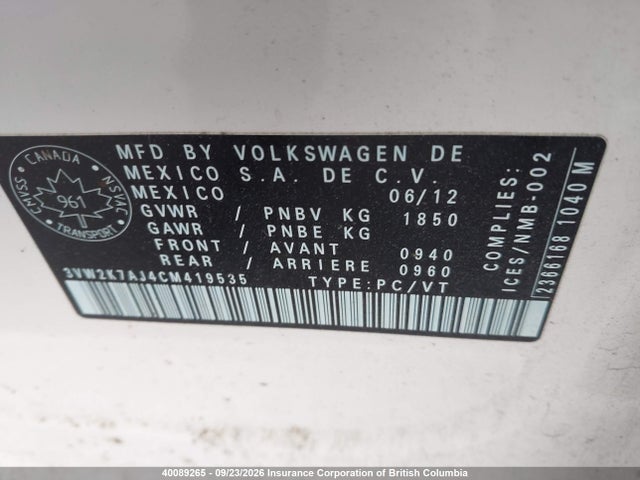 2012 Volkswagen Jetta მანქანა იყიდება აუქციონზე, vin: 3VW2K7AJ4CM419535, აუქციონის ნომერი: 40089265