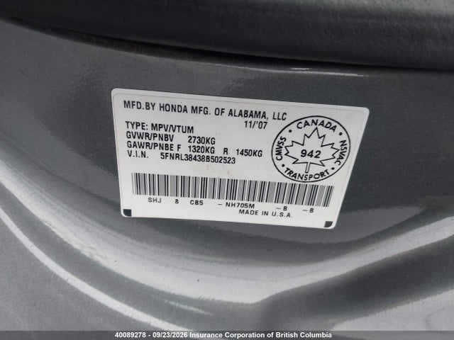2008 Honda Odyssey Ex მანქანა იყიდება აუქციონზე, vin: 5FNRL38438B502523, აუქციონის ნომერი: 40089278
