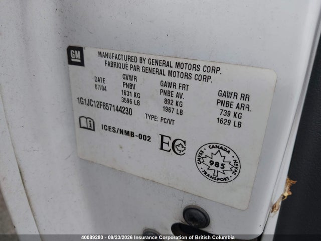 Продаж на аукціоні авто 2005 Chevrolet Cavalier, vin: 1G1JC12F857144230, номер лоту: 40089280