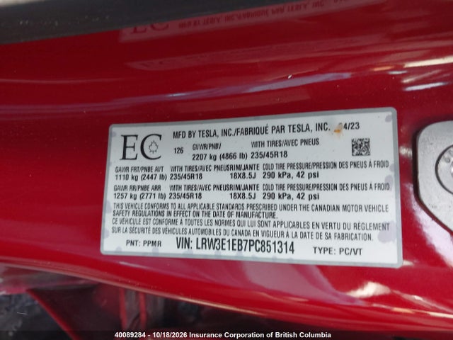 Tesla MODEL 3 2023 LRW3E1EB7PC851314 Image 9