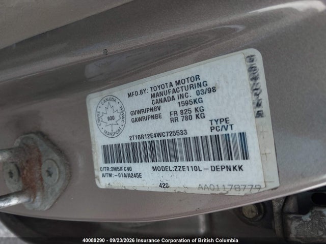40089290 :رقم المزاد ، 2T1BR12E4WC725533 vin ، 1998 Toyota Corolla Ce/le/ve مزاد بيع