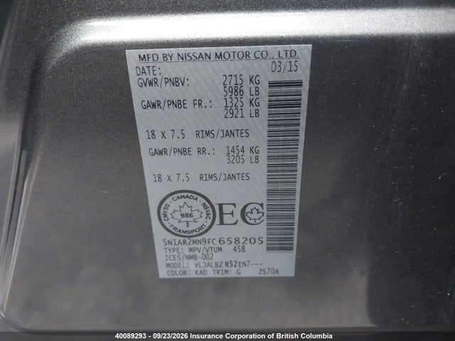 Aukcja sprzedaży 2015 Nissan Pathfinder S/sv/sl/platinum, vin: 5N1AR2MN9FC658205, numer aukcji: 40089293