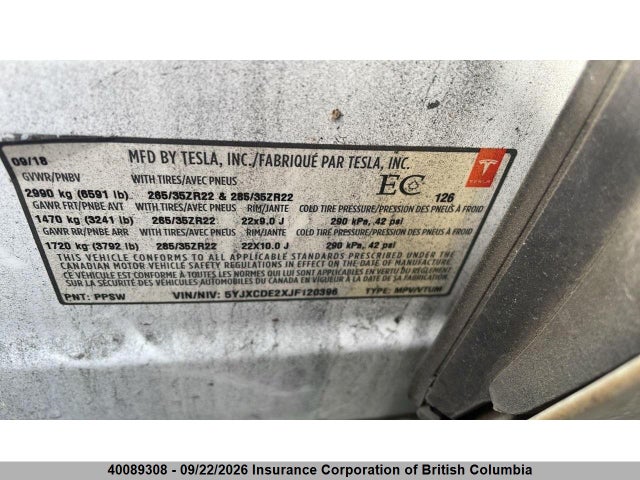 40089308 :رقم المزاد ، 5YJXCDE2XJF120396 vin ، 2018 Tesla Model X Awd/standard Range مزاد بيع