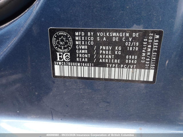 40086560 :رقم المزاد ، 3VWC57BU8KM164021 vin ، 2019 Volkswagen Jetta S/se/r-line مزاد بيع