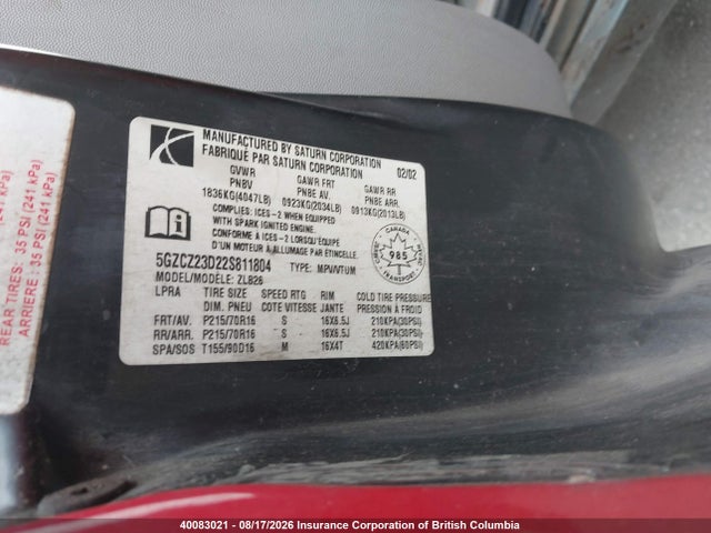 Aukcja sprzedaży 2002 Saturn Vue, vin: 5GZCZ23D22S811804, numer aukcji: 40083021