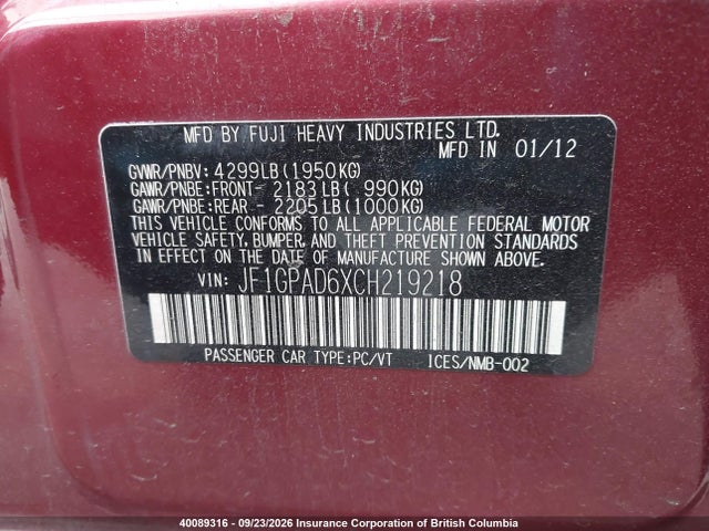 Aukcja sprzedaży 2012 Subaru Impreza 2.0i Touring Package, vin: JF1GPAD6XCH219218, numer aukcji: 40089316