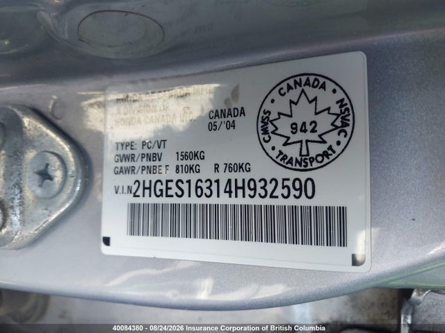 40084380 :رقم المزاد ، 2HGES16314H932590 vin ، 2004 Honda Civic Dx Vp مزاد بيع