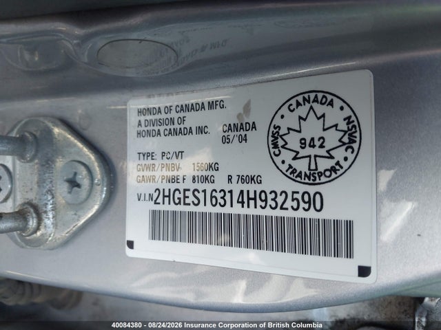 40084380 :رقم المزاد ، 2HGES16314H932590 vin ، 2004 Honda Civic Dx Vp مزاد بيع