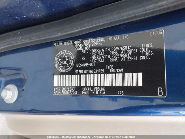 Aukcja sprzedaży 2006 Toyota Tundra Double Cab Limited, vin: 5TBDT48126S531759, numer aukcji: 40086663