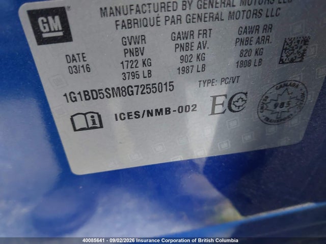 Chevrolet CRUZE LT 2016 1G1BD5SM8G7255015 Image 9