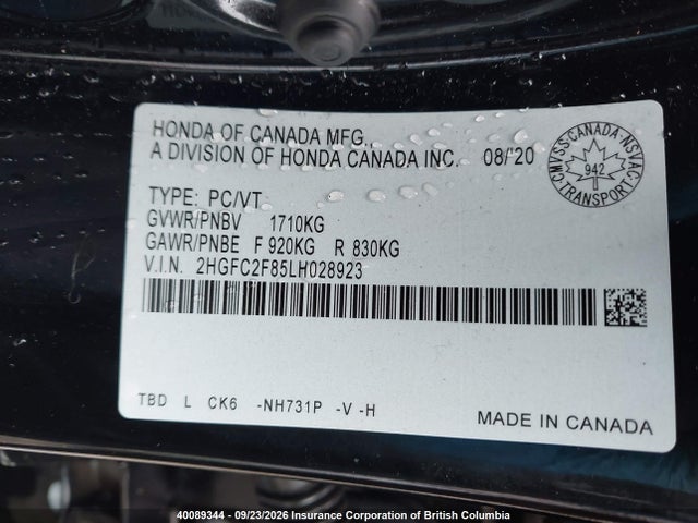 40089344 :رقم المزاد ، 2HGFC2F85LH028923 vin ، 2020 Honda Civic مزاد بيع