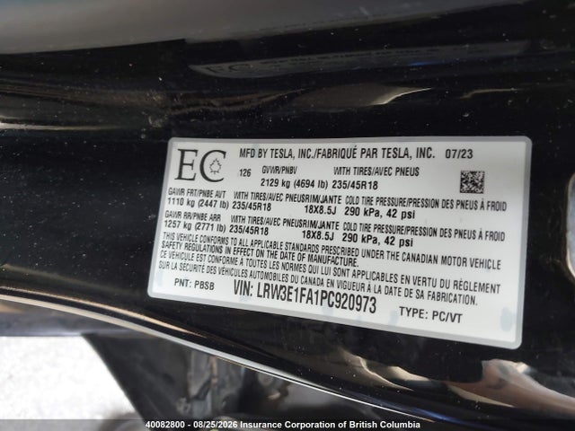 LRW3E1FA1PC920973 Tesla MODEL 3