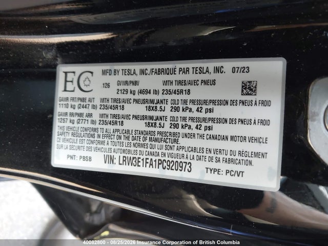 LRW3E1FA1PC920973 Tesla MODEL 3
