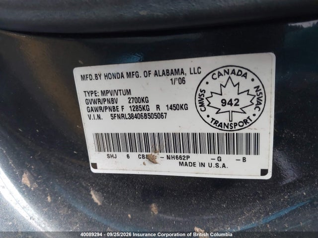 40089294 :رقم المزاد ، 5FNRL38406B505067 vin ، 2006 Honda Odyssey Ex مزاد بيع