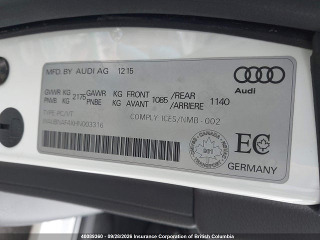 Продаж на аукціоні авто 2017 Audi A4, vin: WAUBNAF4XHN003316, номер лоту: 40089360