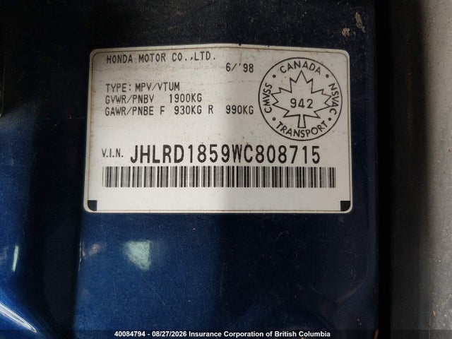 40084794 :رقم المزاد ، JHLRD1859WC808715 vin ، 1998 Honda Cr-v Ex مزاد بيع