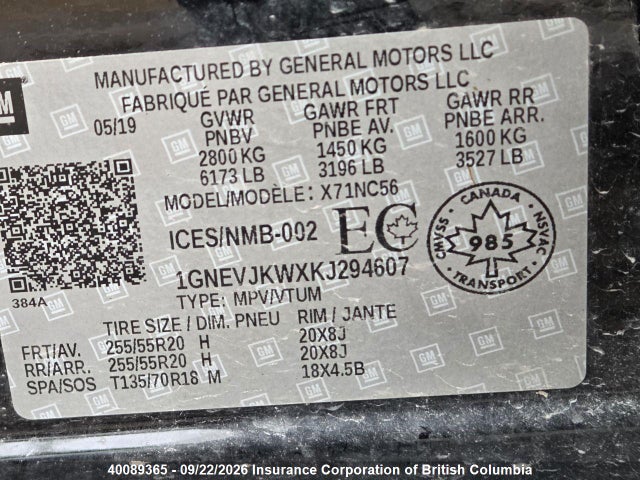 Aukcja sprzedaży 2019 Chevrolet Traverse Rs, vin: 1GNEVJKWXKJ294607, numer aukcji: 40089365