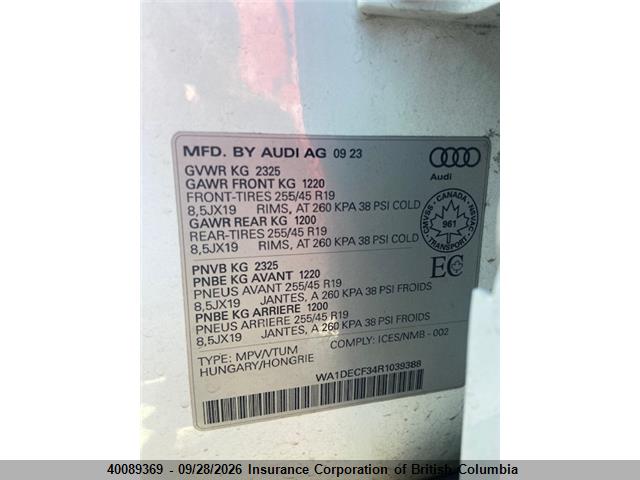 40089369 :رقم المزاد ، WA1DECF34R1039388 vin ، 2024 Audi Q3 مزاد بيع