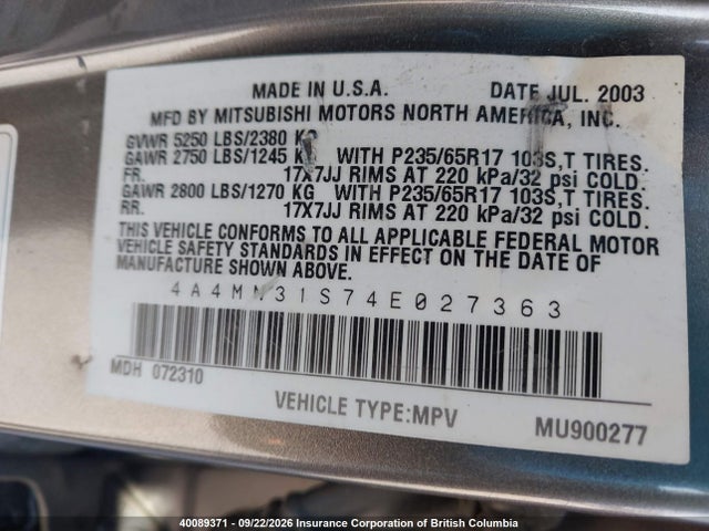Продажа на аукционе авто 2004 Mitsubishi Endeavor Xls, vin: 4A4MN31S74E027363, номер лота: 40089371