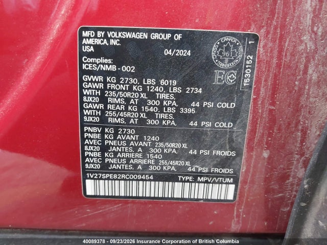 40089378 :رقم المزاد ، 1V27SPE82RC009454 vin ، 2024 Volkswagen Id.4 Pro مزاد بيع