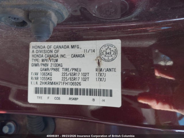 Honda CR-V 2015 2HKRM4H71FH106926 Image 9