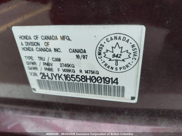 40089386 :رقم المزاد ، 2HJYK16558H001914 vin ، 2008 Honda Ridgeline Ex-l مزاد بيع