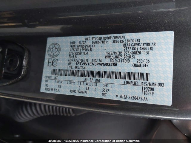40086680 :رقم المزاد ، 1FTVW1EV3PWG03286 vin ، 2023 Ford F-150 Lightning Lariat مزاد بيع