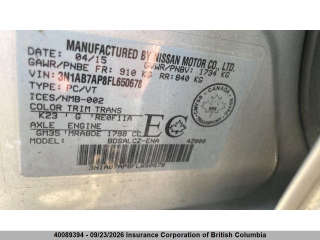 40089394 :رقم المزاد ، 3N1AB7AP8FL650678 vin ، 2015 Nissan Sentra S/sv/sr/sl مزاد بيع