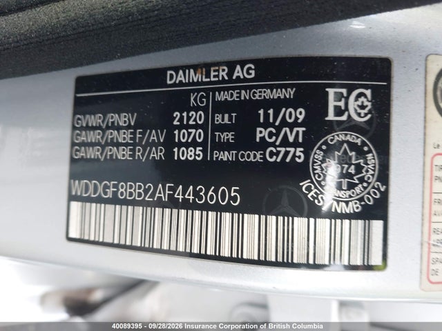 40089395 :رقم المزاد ، WDDGF8BB2AF443605 vin ، 2010 Mercedes-benz C 300 4matic مزاد بيع
