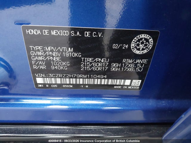 2024 Honda Hr-v მანქანა იყიდება აუქციონზე, vin: 3CZRZ2H79RM110494, აუქციონის ნომერი: 40089415