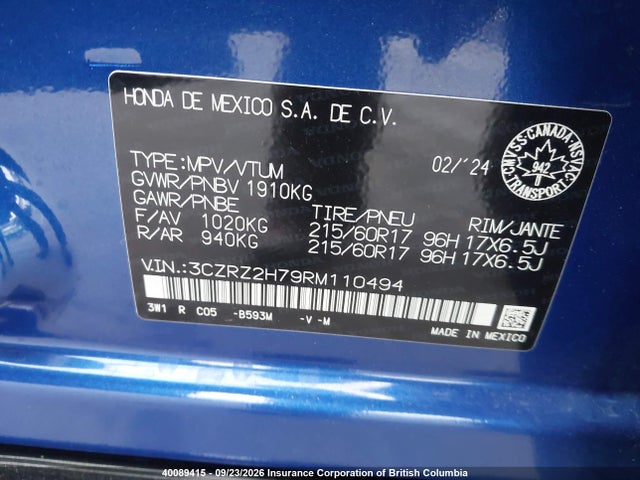 2024 Honda Hr-v მანქანა იყიდება აუქციონზე, vin: 3CZRZ2H79RM110494, აუქციონის ნომერი: 40089415
