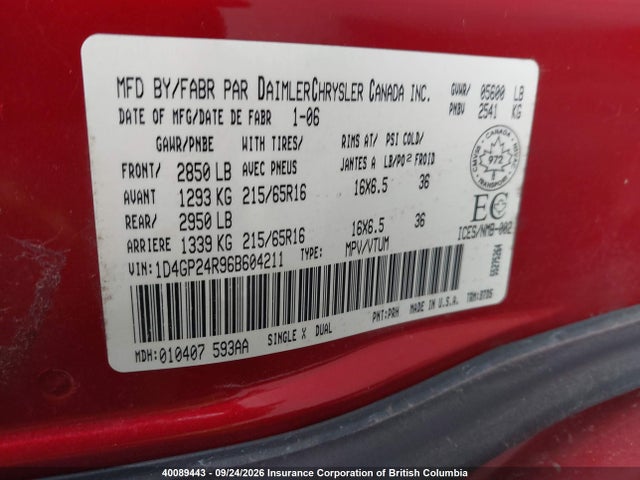 Продажа на аукционе авто 2006 Dodge Grand Caravan, vin: 1D4GP24R96B604211, номер лота: 40089443