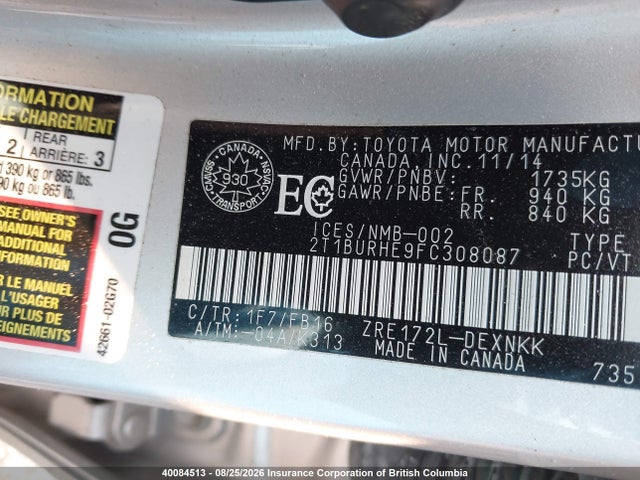 Продаж на аукціоні авто 2015 Toyota Corolla Le, vin: 2T1BURHE9FC308087, номер лоту: 40084513