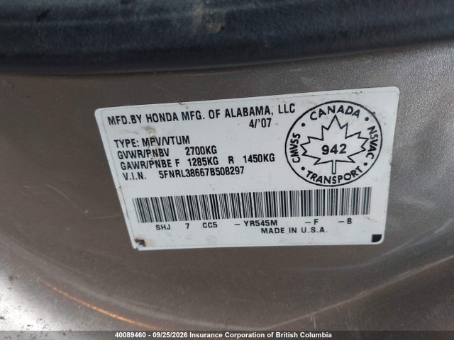 Aukcja sprzedaży 2007 Honda Odyssey Exl, vin: 5FNRL38667B508297, numer aukcji: 40089460