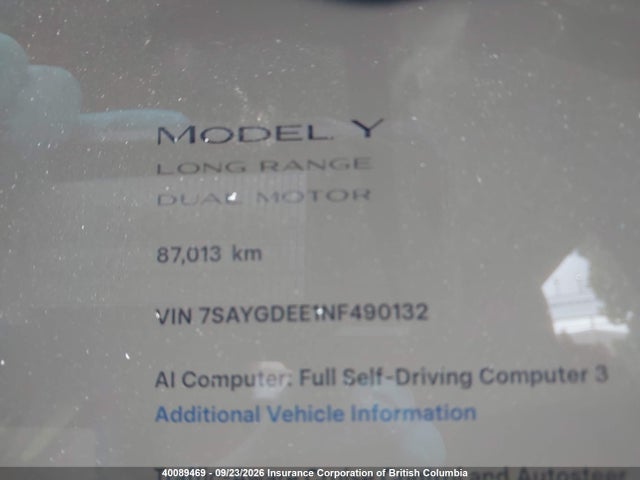 40089469 :رقم المزاد ، 7SAYGDEE1NF490132 vin ، 2022 Tesla Model Y Long Range مزاد بيع