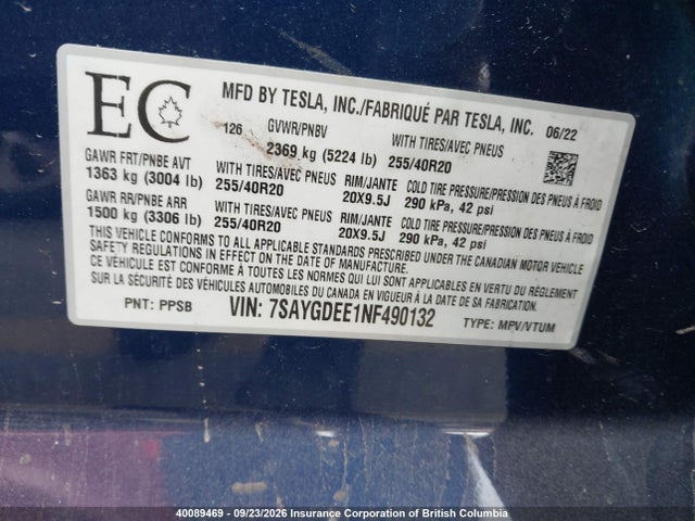 40089469 :رقم المزاد ، 7SAYGDEE1NF490132 vin ، 2022 Tesla Model Y Long Range مزاد بيع