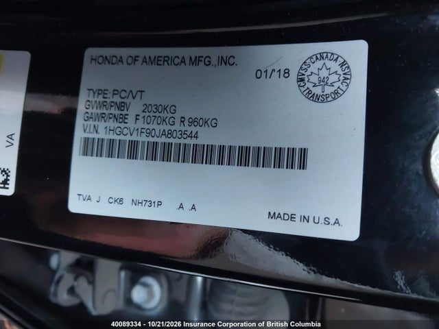 Honda Accord Touring 2018 1HGCV1F90JA803544 Image 9
