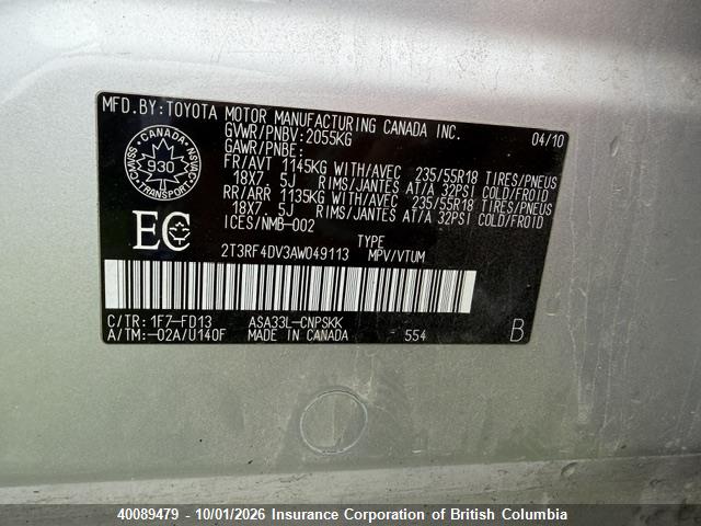 Продаж на аукціоні авто 2010 Toyota Rav4, vin: 2T3RF4DV3AW049113, номер лоту: 40089479