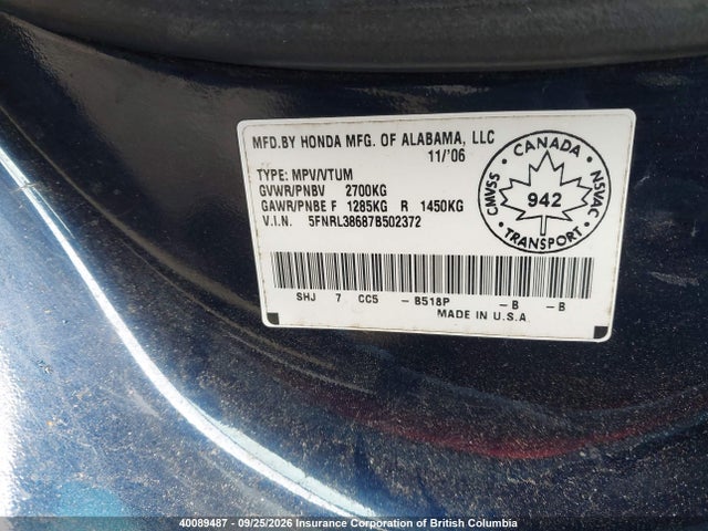 Aukcja sprzedaży 2007 Honda Odyssey Ex-l, vin: 5FNRL38687B502372, numer aukcji: 40089487