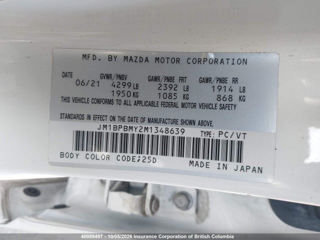 40089497 :رقم المزاد ، JM1BPBMY2M1348639 vin ، 2021 Mazda 3 Premium مزاد بيع