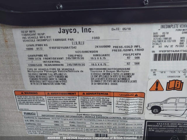 40089498 :رقم المزاد ، 1F65F5DY4J0A17342 vin ، 2018 Jayco Jay مزاد بيع