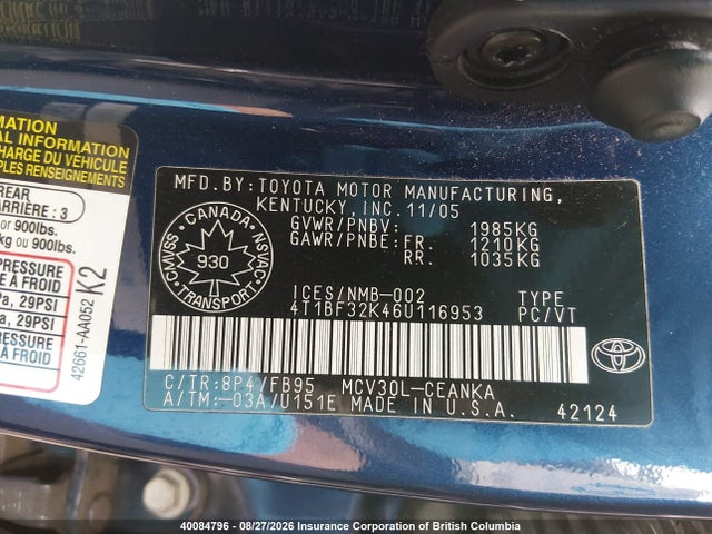 2006 Toyota Camry Le/xle/se მანქანა იყიდება აუქციონზე, vin: 4T1BF32K46U116953, აუქციონის ნომერი: 40084796