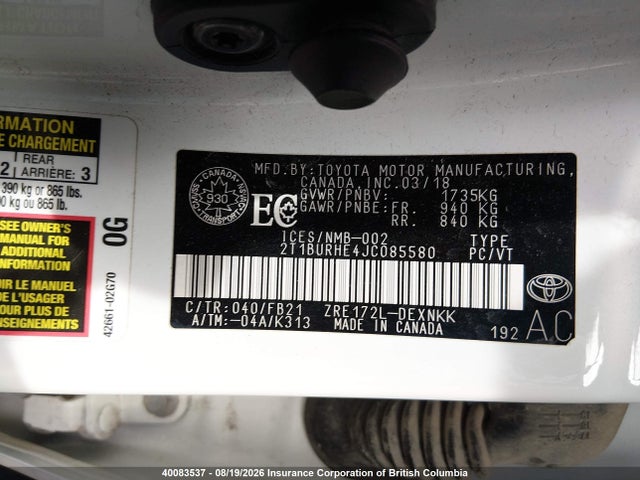 Продаж на аукціоні авто 2018 Toyota Corolla L/le/xle/se/xse, vin: 2T1BURHE4JC085580, номер лоту: 40083537
