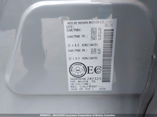 40089510 :رقم المزاد ، 5N1DR3DF4RC287325 vin ، 2024 Nissan Pathfinder Platinum مزاد بيع