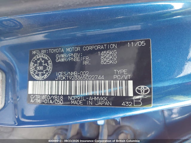 40089513 :رقم المزاد ، JTDKT923365022744 vin ، 2006 Toyota Yaris مزاد بيع