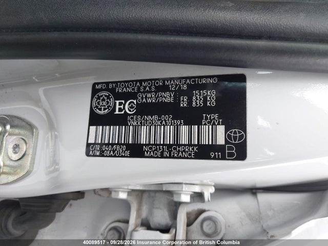 Продажа на аукционе авто 2019 Toyota Yaris, vin: VNKKTUD30KA101393, номер лота: 40089517