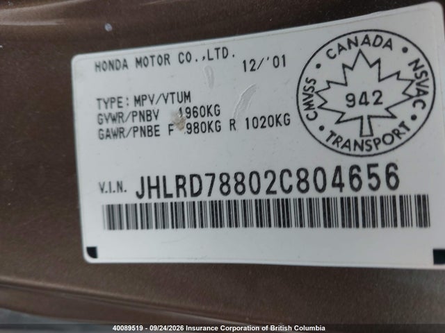 Aukcja sprzedaży 2002 Honda Cr-v, vin: JHLRD78802C804656, numer aukcji: 40089519