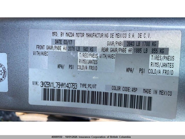 2017 Mazda 3 Touring მანქანა იყიდება აუქციონზე, vin: 3MZBN1L76HM140763, აუქციონის ნომერი: 40089550