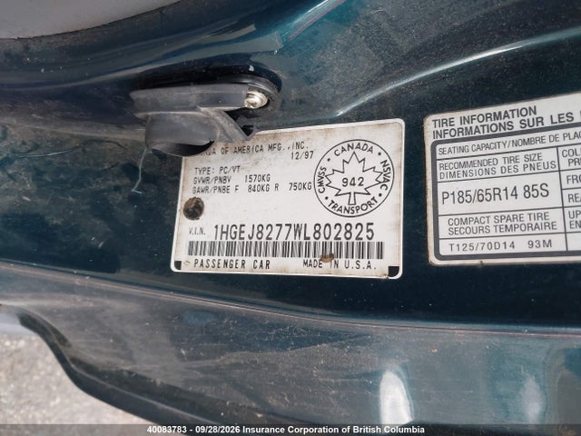 1998 Honda Civic Si Si მანქანა იყიდება აუქციონზე, vin: 1HGEJ8277WL802825, აუქციონის ნომერი: 40083783