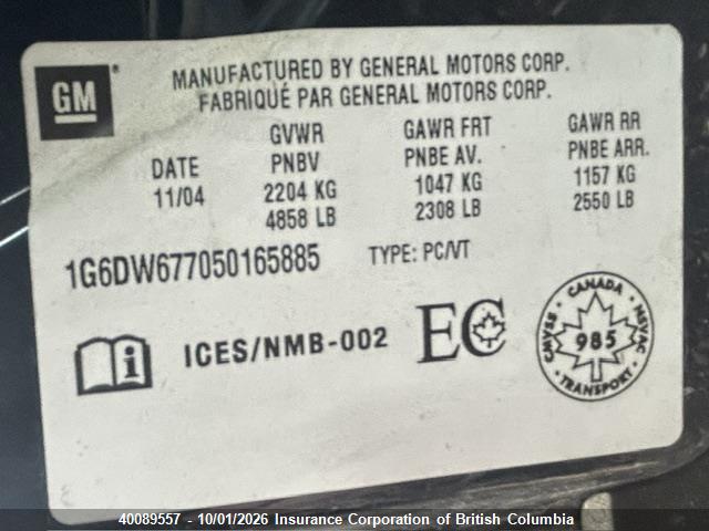40089557 :رقم المزاد ، 1G6DW677050165885 vin ، 2005 Cadillac Sts مزاد بيع